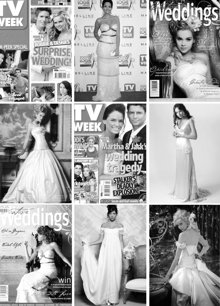 A collage of magazine covers and celebrities featuring the fashion designs of Clarissa Grace.